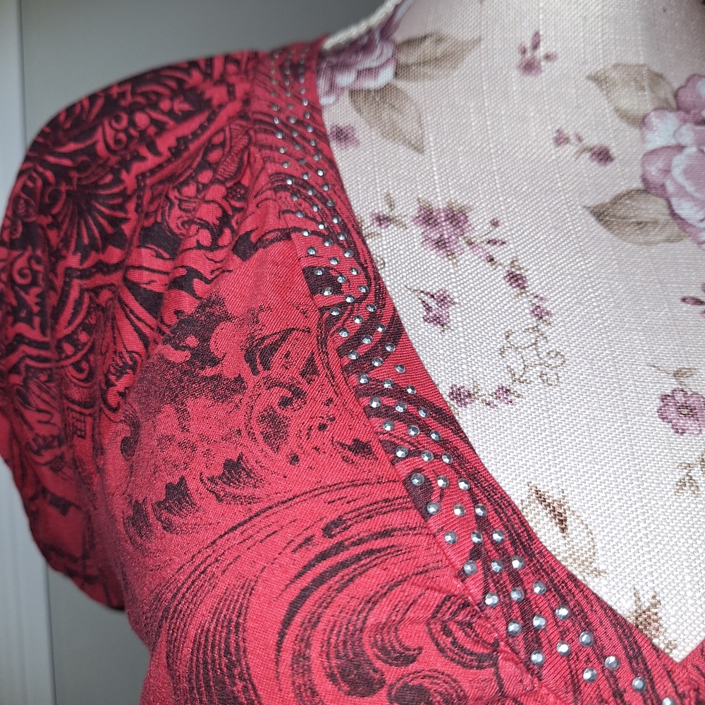 Chic Red V-Neck Rhinestone Y2K Blouse Large - Picture 3 of 7
